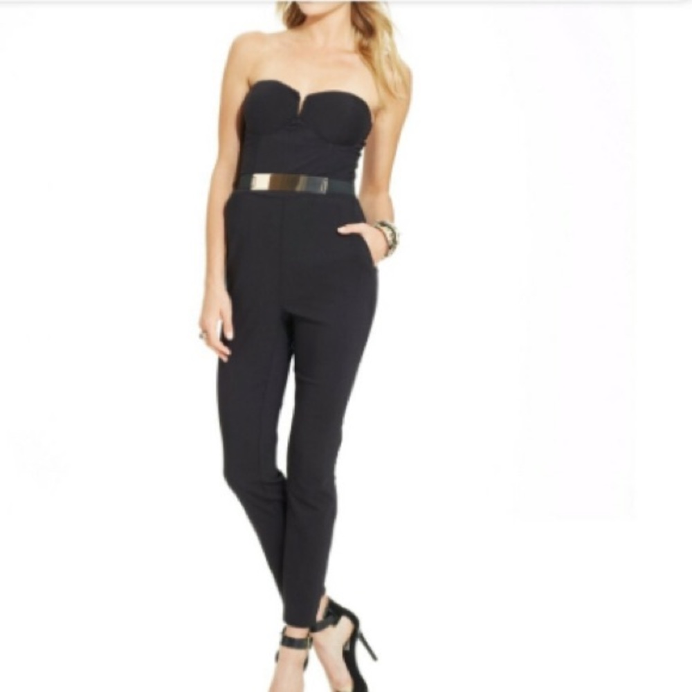 Material Girl Black jumpsuit, strapless removable straps gold bel size Small NWT